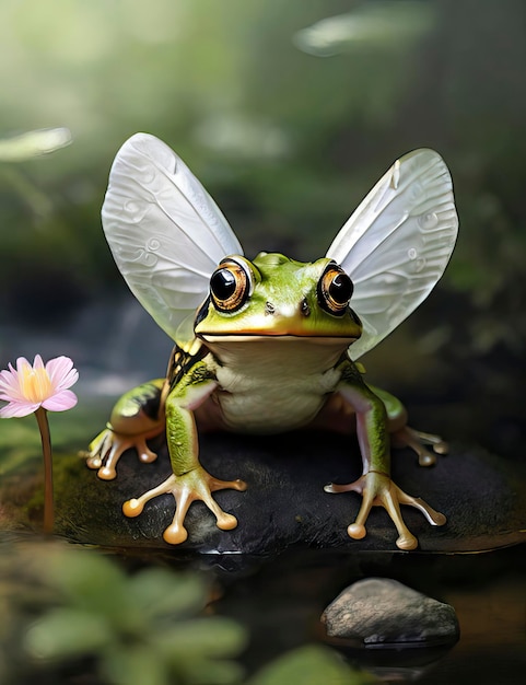 a frog with wings on his head and a flower in the background