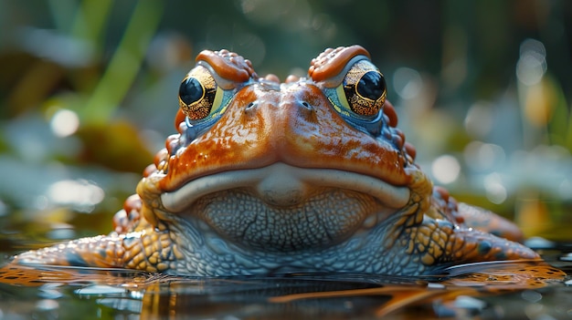 a frog with a yellow eye and a black eye and a brown eye