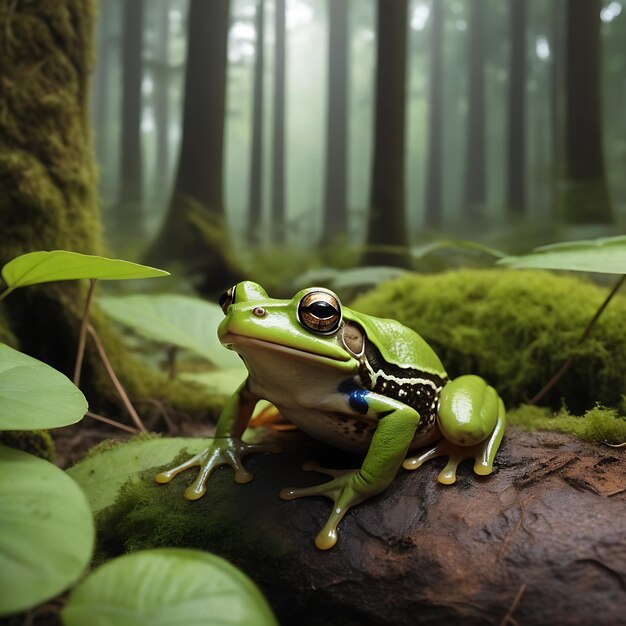 Photo a frog with a yellow head and black eyes sits on a log