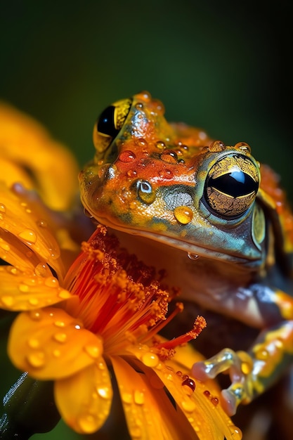 A frog with a yellow and orange body sits on a flower.