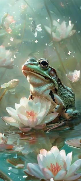 A frogs daydream on a lazy riverbank surrounded by a dance of dainty petals