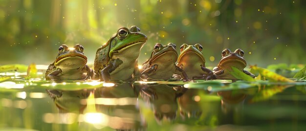 Photo frogs form a choir on the edge of a misty pond their croaks harmonizing in the still air of a twilight serenade