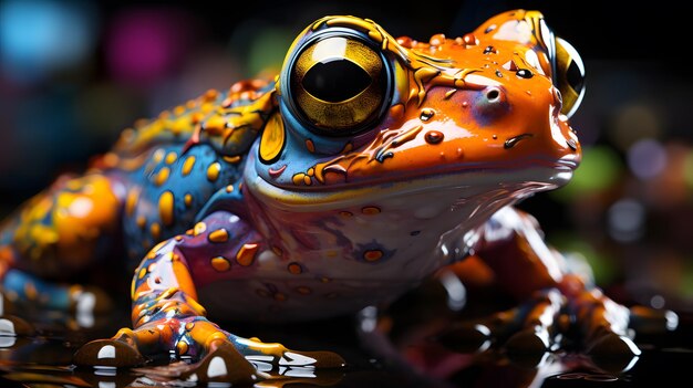 A frogs image splattered with neoncolored paint creates an abstract and visually striking style