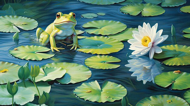 Frogs on lily pads on a pond