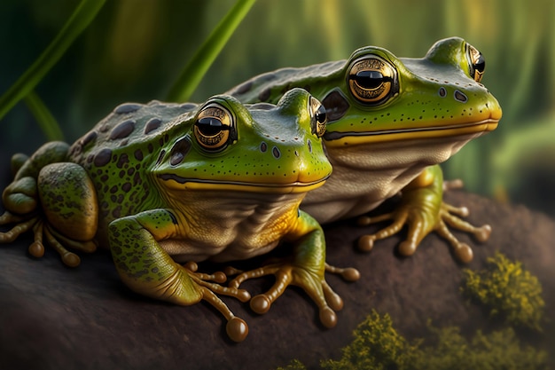 frogs resting on a rock near a pond created using generative ai