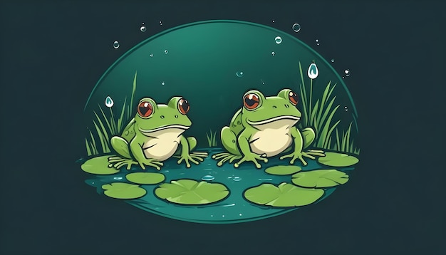 Photo frogs sitting in a pond with water drops