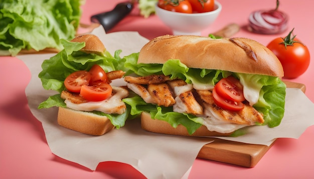 Photo from above appetizing sandwich with grilled chicken fresh lettuce and tomatoes served