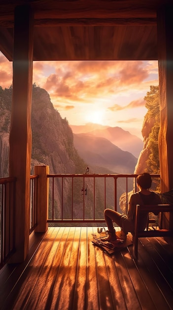 From the back of a woman sitting on a wooden porch extending into a high mountain cliff