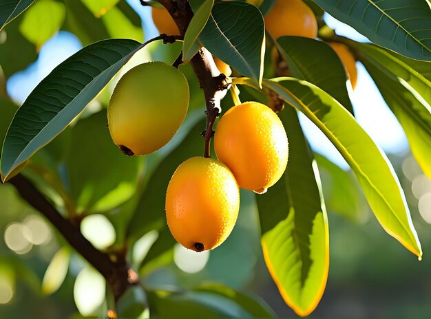 From Bright Young Tree Reached Orange Tinted Loquat Tops Blooming in Each Side