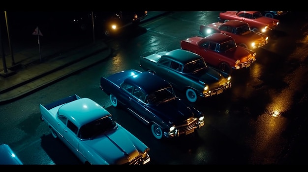 From above of classic cars parked on asphalt road in dark night city Generative AI