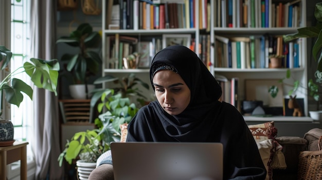 From the confines of her living room the young woman in hijab embraces the flexibility of remote work her laptop serving as a gateway to productivity