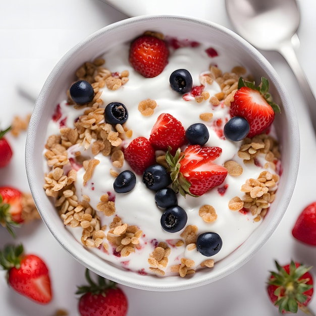 From above delicious homemade yogurt with strawberries berries and cereals on white background