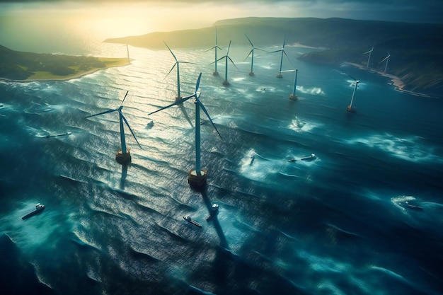 From high above the wind turbines seem to dance across the ocean their blades spinning in unison as they generate clean green energy for a sustainable future