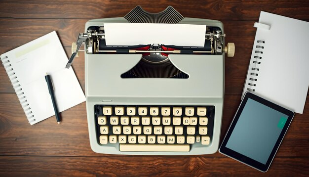 Photo from above of retro typewriter placed on table with agenda and modern netbook and tablet isolated