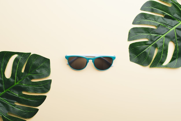 From above shot of green leaves surrounding sunglasses