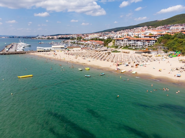 From above view of beach in Sveti Vlas with sunbeds