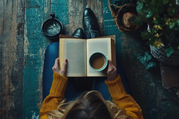 Photo from above woman with book and coffee