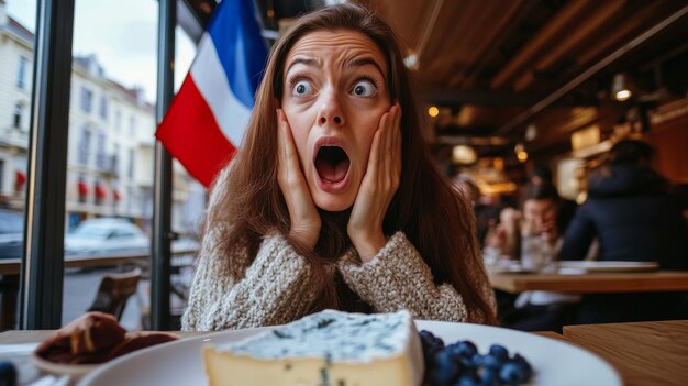 Photo fromage bleu of the french type is being examined by a woman with a surprised expression