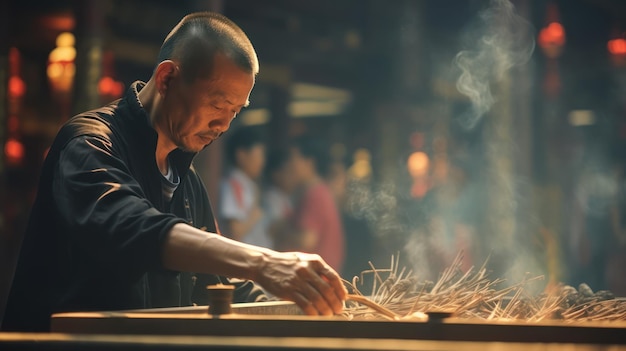 In front of an ancient temple Chinese people piously burn incense and pray for blessings