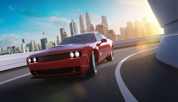 Front angle view of a generic red brandless American muscle car in a city street road  with motion blur . Transportation concept . 3D Rendering . Mixed media .