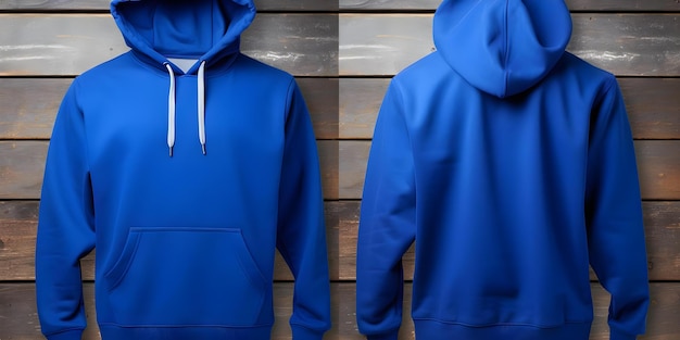 Photo front and back images of a plain royal blue hoodie without any design or print concept fashion photography plain clothing plain hoodies front view back view