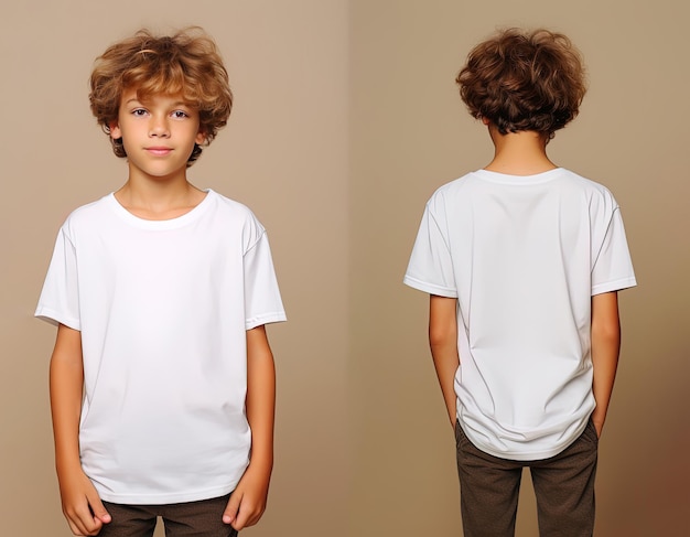 Photo front and back views of a little boy wearing a white tshirt