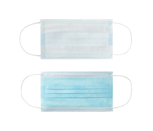 Front and back views of surgical face mask isolated on white background