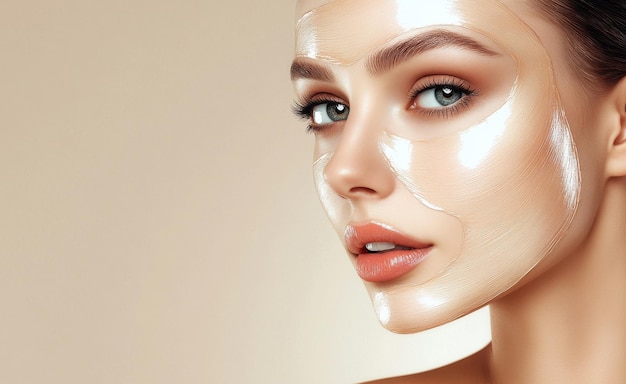 Photo in front of a beige studio background a young european woman poses with a facial mask enjoying beauty treatments