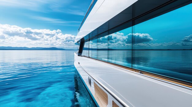 Photo the front of a boat with a view of the ocean and mountains in the background