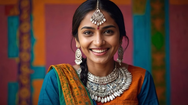 Front close up portrait of young natural joyful smiling Indian princess wearing traditional clothes