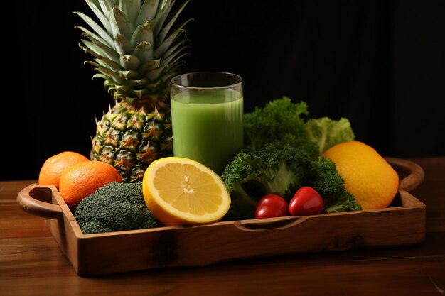 Front close view of delicious fresh juices and fruits on a wooden tray on a brown background