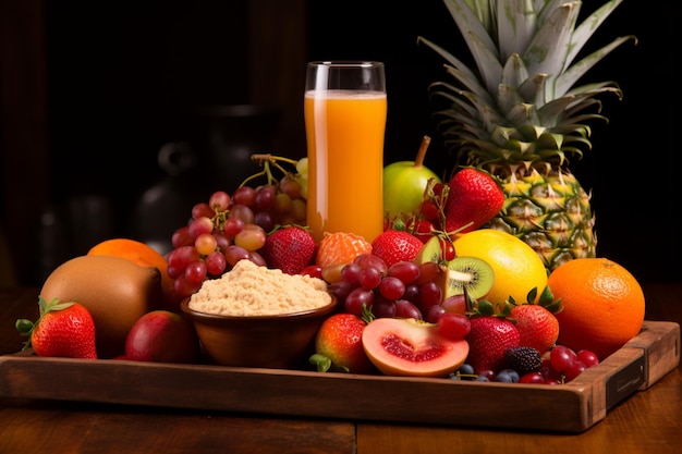 Front close view of delicious fresh juices and fruits on a wooden tray on a brown background