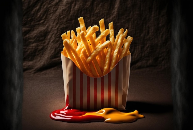 The front On a dark background wonderful french fries with ketchup mustard and mayo