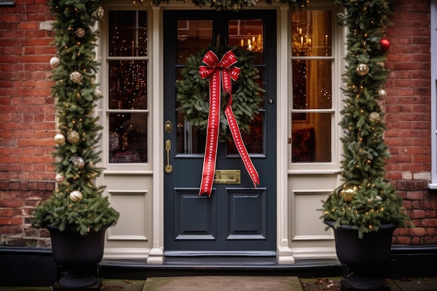 Front door decorated with a large boxing day bow