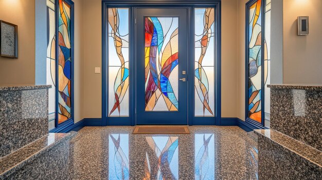 Photo the front door of the home is decorated with stained glass windows