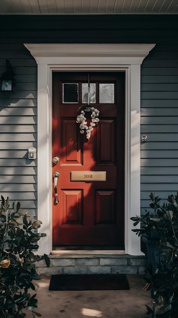 Front Door of Home with Sunrise light on wooden door