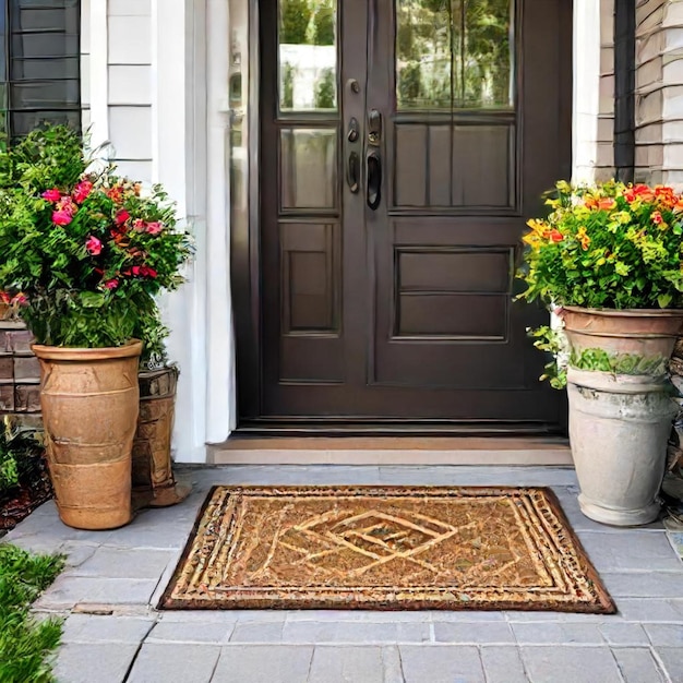 a front door with flowers and a sign that says  no  on it