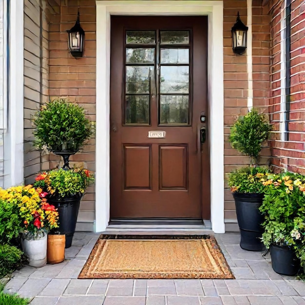 Photo a front door with flowers and a sign that says  welcome to the house