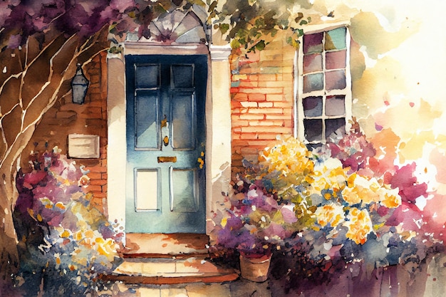 Front Door with flowers watercolor