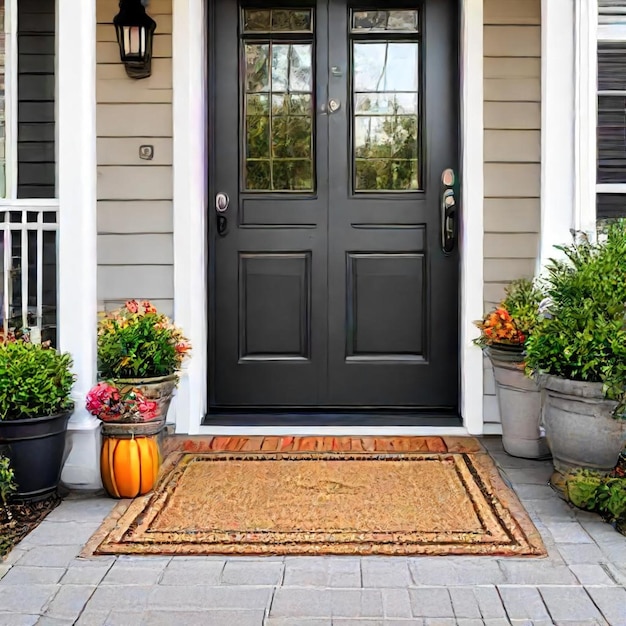 Photo a front door with plants and flowers in pots on the front porch