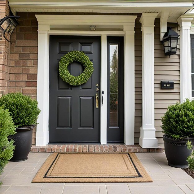 a front door with a wreath on it that says  welcome to the house