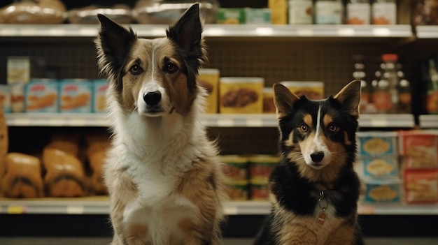 In front of the food shelves in a pet store a cat and dog are watching the camera using Generative AI