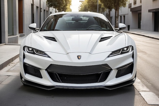 Front Headlight of Modern White Sports Car Parked on Street