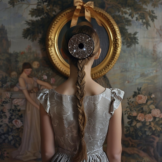 In front of her stands a woman wearing a simple dress and a round digital small installation clock