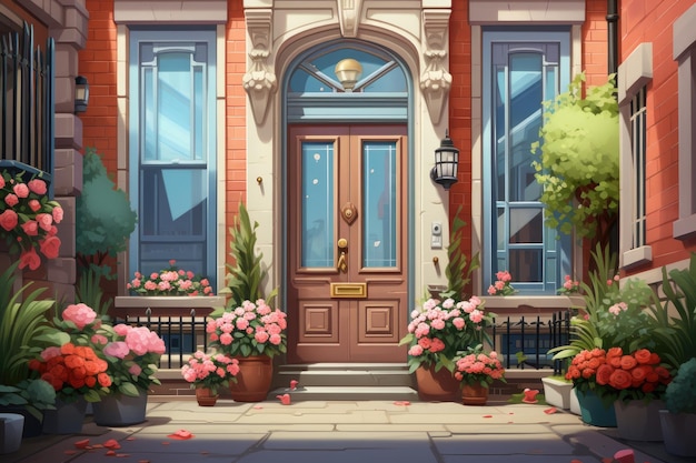 The front of a house has a red brick wall a window a door and potted flowers A suburban homes e