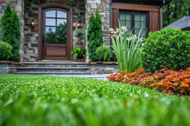 Photo front of house with green grass neat lawn