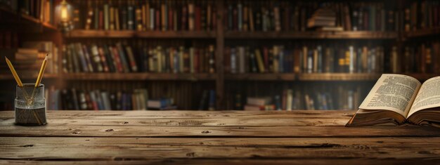 Photo in front of a library stacks of books are displayed over a wooden desk