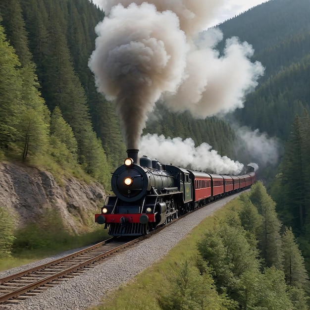 The front of a moving train blowing smoke