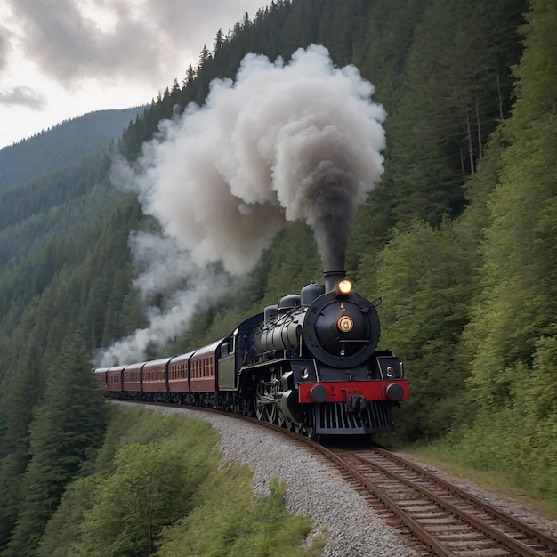 The front of a moving train blowing smoke