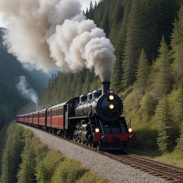 The front of a moving train blowing smoke